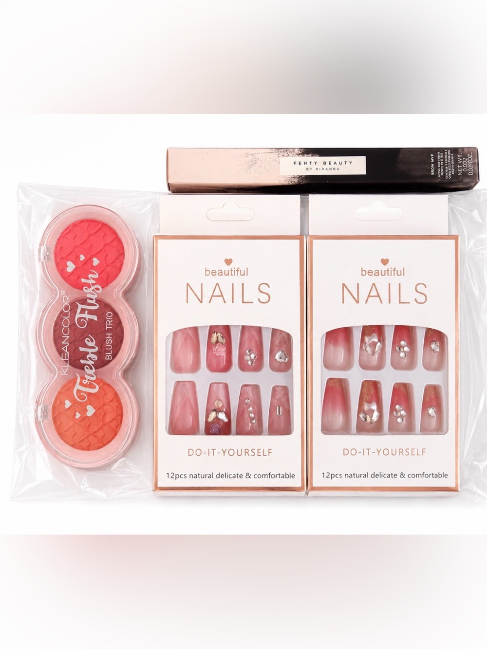 Beauty Bundle | 2 Pink Press-On Nail Sets + Fenty Brow MVP + Blush Trio | New